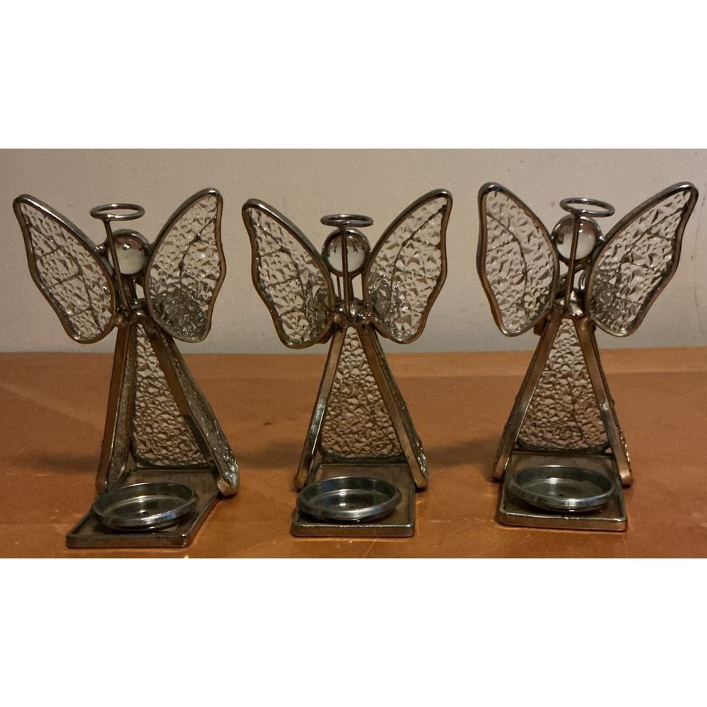 Set Of 3 Textured‎ Glass Angel Figurine Tealight Holder Holding Instruments - Picture 9 of 14